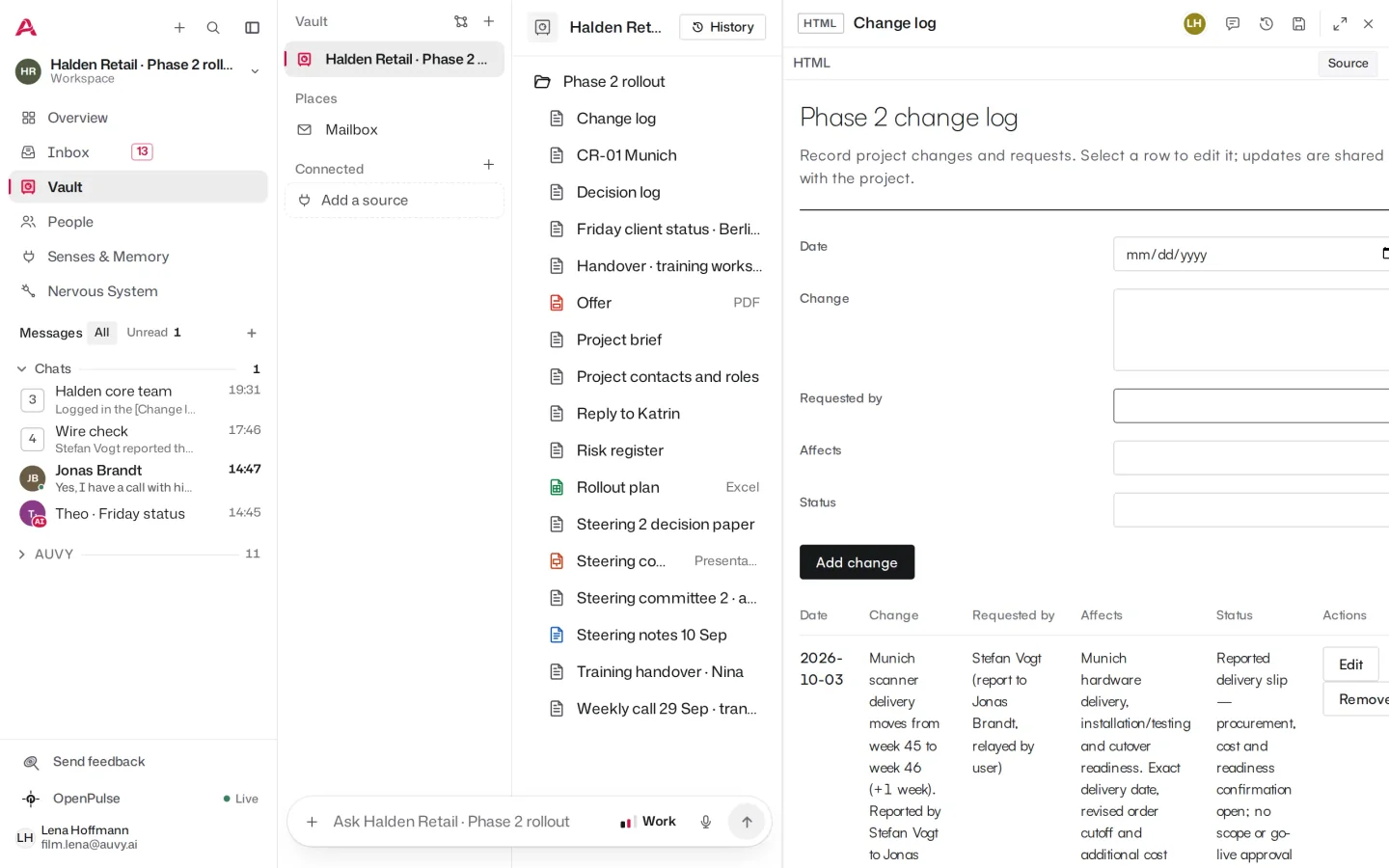 The change log, open from the project files