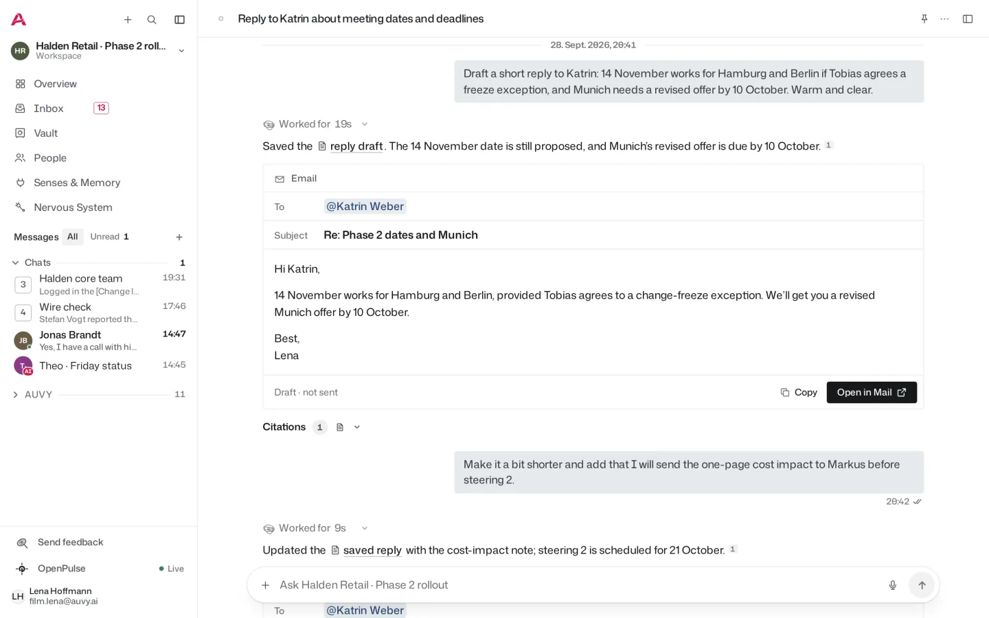 A reply drafted for a person to check and send